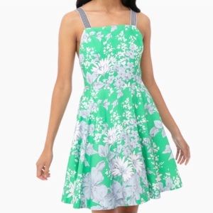 Tuckernuck Lila Dress Flare Green Floral Pinafore Sundress Sz S EUC Crossback